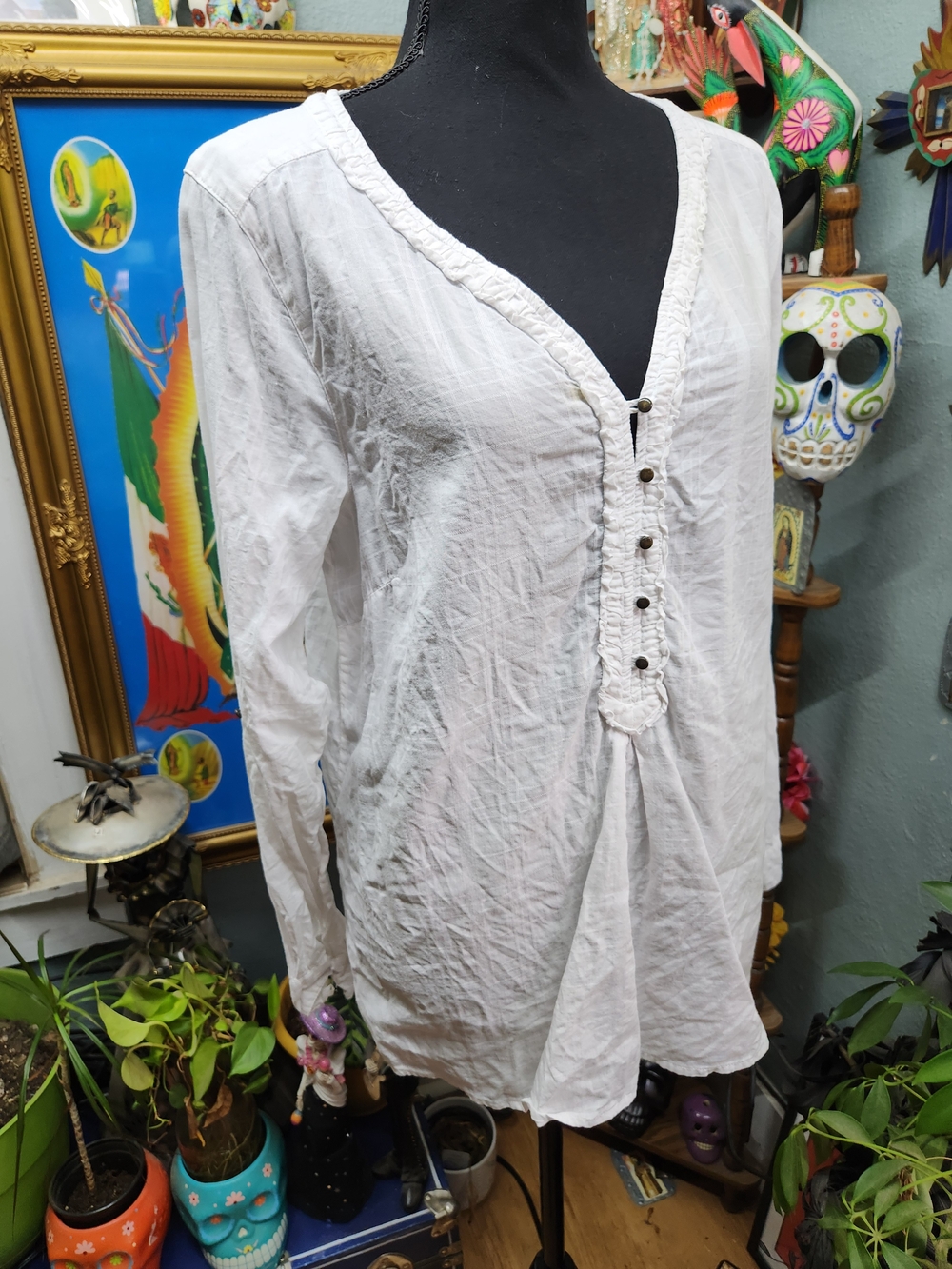Eddie Bauer White V-Neck Button-Front 100% CottonTunic